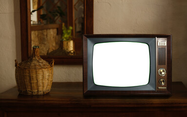 footage of Dated TV Set with white Screen Mock Up Chroma Key Template Display, Nostalgic living...
