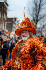 A man with a beard is dressed in an orange costume and matching hat, standing out against the sky at a public event. Dutch event Kings day National holiday Koningsdag on 27 April in the Netherlands - 763873003