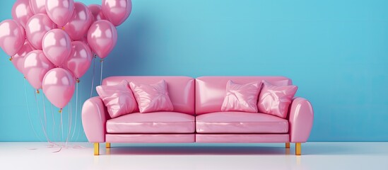 An intimate view of a pink sofa adorned with colorful balloons in front of a vibrant blue backdrop