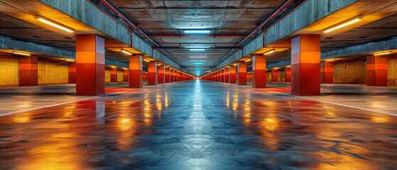 An empty underground parking lot with symmetrically aligned orange pillars and reflective flooring under fluorescent ceiling lights.