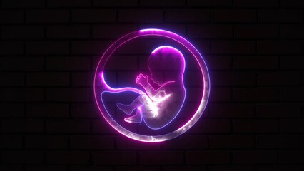 A placenta in the uterus and a futuristic child that glows blue and purple. Glowing neon embryo child icon in line style. A human baby in the womb