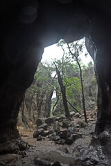 Unique rock formation with layers of sedimentary rock, showcasing natural beauty and geological history. at Pachmarhi, Madhya Pradesh, India