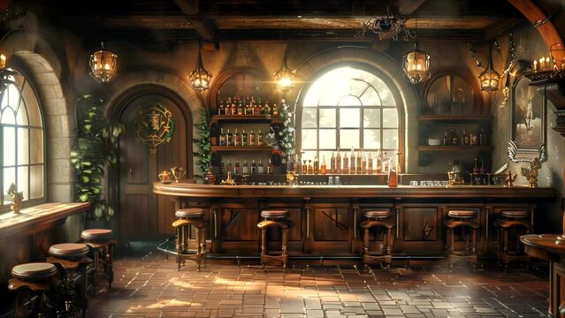 Fantasy medieval bar with adventurous theme. seamless looping 4k time-lapse animation video background