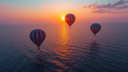 Hot air balloons float over a tranquil sea during a breathtaking sunset, representing freedom and the spirit of exploration. The reflections and warm colors create a peaceful end to the day.