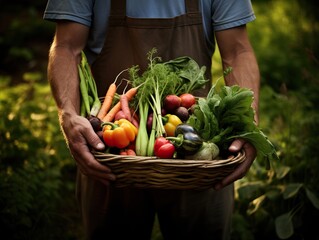 Unrecognizable man holding box of vegetables in modern garden