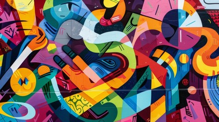 Colorful and abstract urban street art featuring a vibrant mix of geometric shapes and patterns.