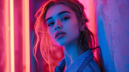 Fototapeta premium portrait of stylish confident female young attractive woman under neon light with modern fashion and beauty