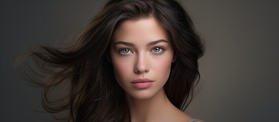 Naklejka premium This image features a detailed view of a female individual with extended hair, showcasing a gray-colored garment