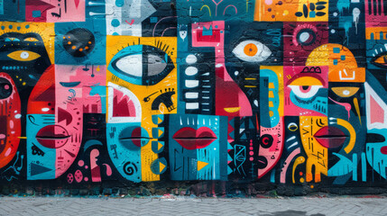 Graffiti-style work.Vibrant street art covering a wall. The mural features a diverse mix of patterns, shapes, and quirky characters executed in bold colors. - obrazy, fototapety, plakaty