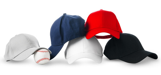 Colorful Assortment of Baseball Caps and a Ball on White Background