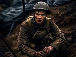 Fototapeta premium Modern soldier sitting in a trench ready for battle and on high alert