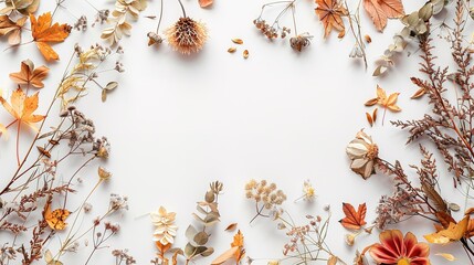 Obraz na płótnie Canvas Autumn composition frame made of autumn dried flowers and leaves on white background flat lay top view copy space,Geenerative ai,