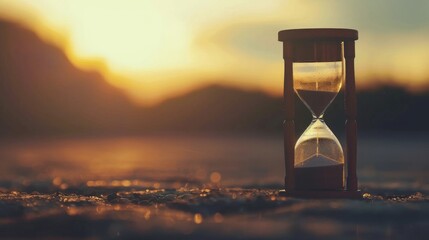 Time running out ,Hourglass on the background of a sunset. The value of time in life. Concept of...