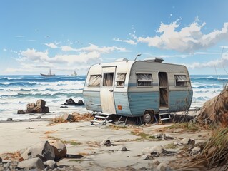 Spacious motorhome parked on the tranquil seashore with clear blue sky in background