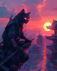 Foto op Plexiglas Cat with ninja mask, escaping over oriental rooftops © miss[SIRI]