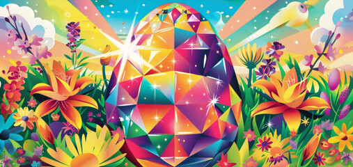Colorful Geometric Easter Egg Amidst Spring Flowers - obrazy, fototapety, plakaty