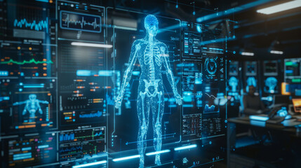 A futuristic concept image depicting a holographic interface with a translucent digital human body and various health status indicators and data analytics visuals.