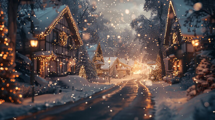 A charming winter scene with snow-covered houses adorned with warm glowing lights along a quaint street as gentle snowflakes fall in the evening.