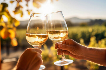 Obraz premium Two hands holding wine glasses in the act of toasting in a vineyard landscape. 