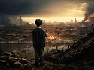 Child standing alone, gazing at devastated cityscape post-war