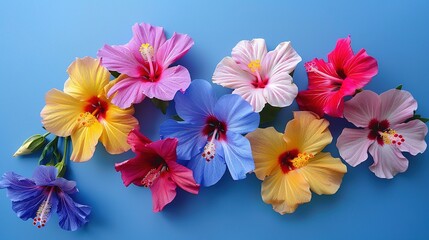 Colorful flowers hibiscus local flora of asia arrangement flat lay postcard style,Geenerative ai,