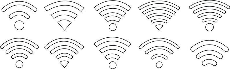 Wireless Network icons Set line styles. Depicting symbols related to wireless Wi-Fi connectivity, including Wi-Fi signs and internet connection, that enable remote internet on transparent background. - obrazy, fototapety, plakaty