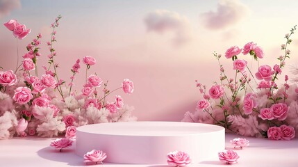 Romantic pink rose floral arrangement on podium for product display in spring garden scene