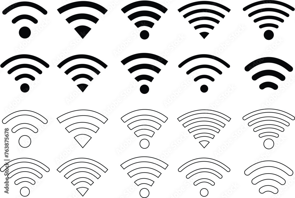 Poster wireless network icons set flat styles. depicting symbols related to wireless wi-fi connectivity, in