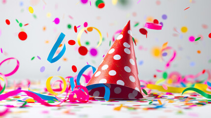 A red party hat with polka dots is surrounded by colorful confetti and streamers.