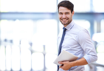 Fototapeta premium Happy, businessman and portrait with tablet in office for company research, email and online work. Professional person, smile and technology with confidence for job pride, schedule and communication
