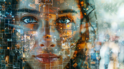 A conceptual composite image blending a close-up of a woman's face with diverse scenes depicted in multiple smaller images, illustrating themes of technology, connectivity, and modern life.