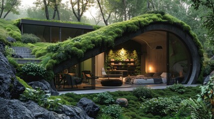Fototapeta premium A contemporary survival shelter seamlessly blends into the forest with a lush green roof and large glass windows.