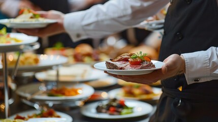 waiter serving meat dish at a wedding reception or party, carrying plates at a festive event in a restaurant, emphasizing the gourmet cuisine and catering service
