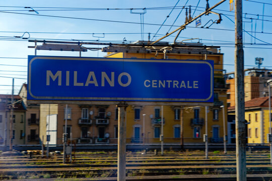 Blue signs at railway station Milano Centrale at Italian City of Milano on a sunny summer day. Photo taken August 11th, 2023, Milan, Italy.