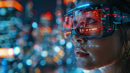 Close-up of a person wearing advanced virtual reality goggles with glowing neon interface graphics against a blurred cityscape at night.