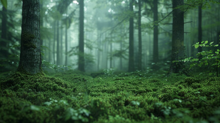 Lush green forest scene with a focus on a vibrant moss-covered ground, flanked by tree trunks, with a mysterious mist enveloping the background, hinting at a tranquil and serene woodland.