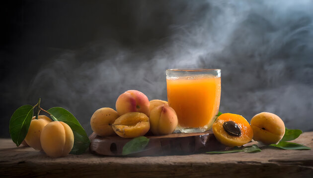 apricot fruit with apricot juice in the fog on the wood table
