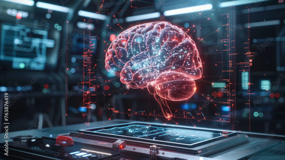 Poster a holographic 3d representation of a human brain floats above a futuristic interface within a high-t