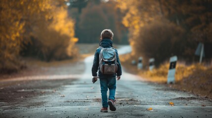 A boy is walking home from school