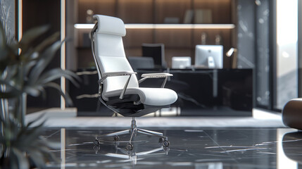 Modern office chair with a sleek white design positioned in a sophisticated office environment, featuring a polished black marble floor, a stylish wooden desk, and contemporary decor. - obrazy, fototapety, plakaty