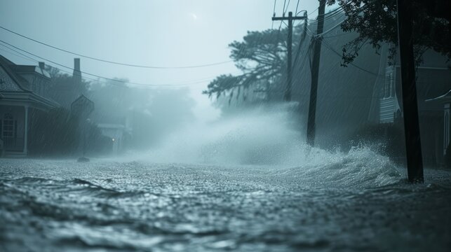 Hurricane strong wind and rainfall in a town	
