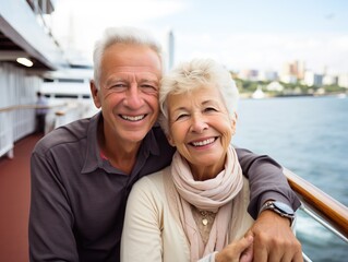 Happy elderly couple smiling on a cruise ship deck sea travel vacation