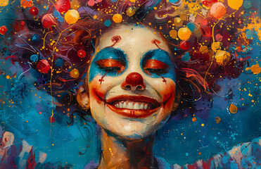 A joyful clown woman in colorful costume and makeup, spreading laughter and entertainment at a festive event. - obrazy, fototapety, plakaty