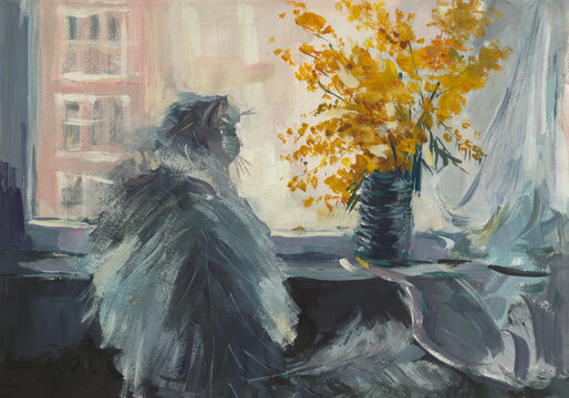 Cat flowers painting. A fluffy domestic cat is looking out the window. A bouquet of mimosa for a woman. A vivid hand-painted illustration. Modern realistic painting. Background for graphic design.