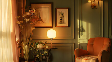 A corner of a room decorated in modern French style, with retro decorations, 