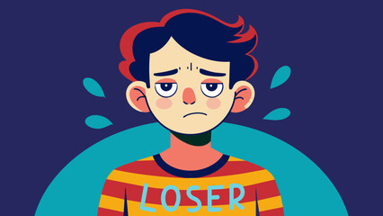 portrait of a cartoon boy, a young man with a sad, sad, depressive face, the inscription loser on a T-shirt, bright colors, the concept of self-esteem, psychology, moral health