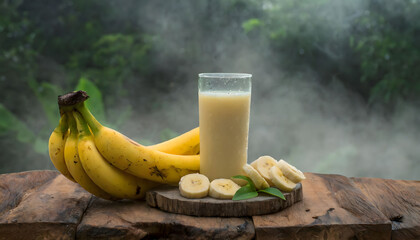 banana fruit with banana juice in the fog on the wood table