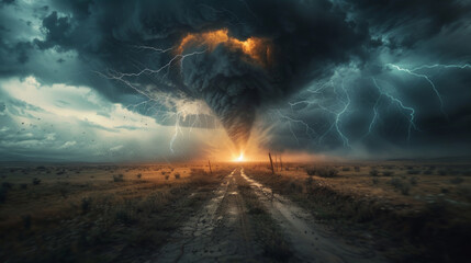 An intense, dramatic tornado under a stormy sky filled with lightning, looms over a desolate landscape with a dirt road leading towards the menacing weather phenomenon.