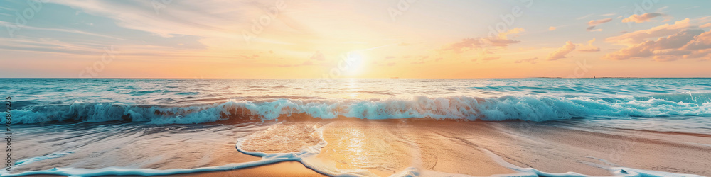 Wall mural Sea sand beach. Panoramic beach landscape. Colorful golden sunset sky summer vibes. Vacation travel holiday banner (1)