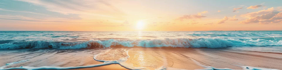 Crédence de cuisine en verre imprimé Coucher de soleil sur la plage Sea sand beach. Panoramic beach landscape. Colorful golden sunset sky summer vibes. Vacation travel holiday banner (1)